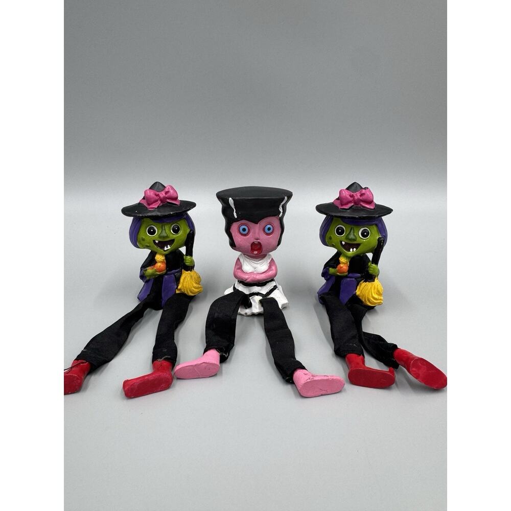 Halloween Shelf Sitter Trio 2 Witches & Girl Frankenstein Lot Of 3
